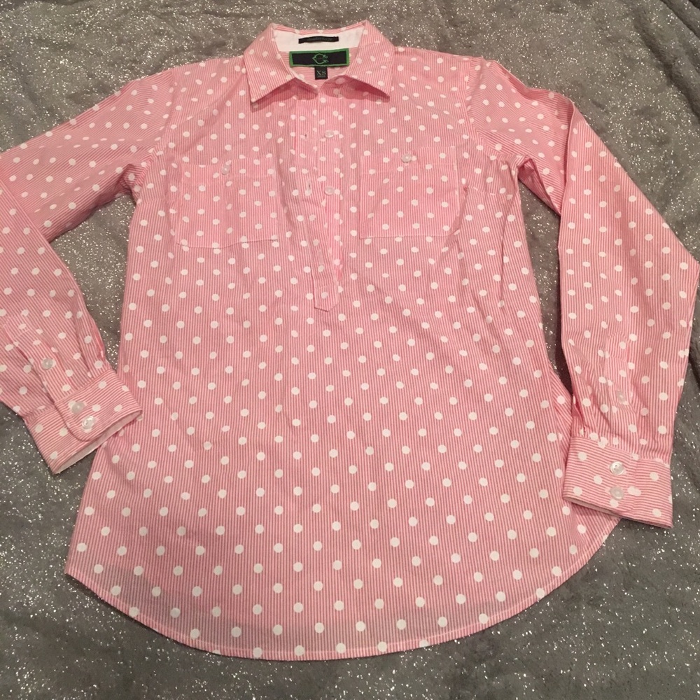 C. Wonder Pink Polka Dot Striped Button Down Shirt Blouse Top XS